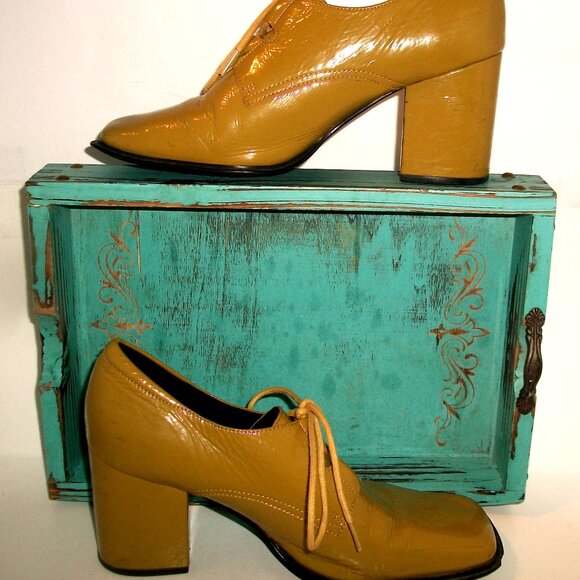 Intentionally Blank L.A. Mustard-Patent Square Toe Lace Up Block Heel Pumps FAB! - Picture 4 of 11